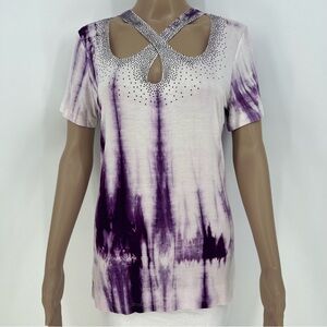Vocal Top Womens Purple and White Cut Out Crisscross  Neckline With Rhinestones